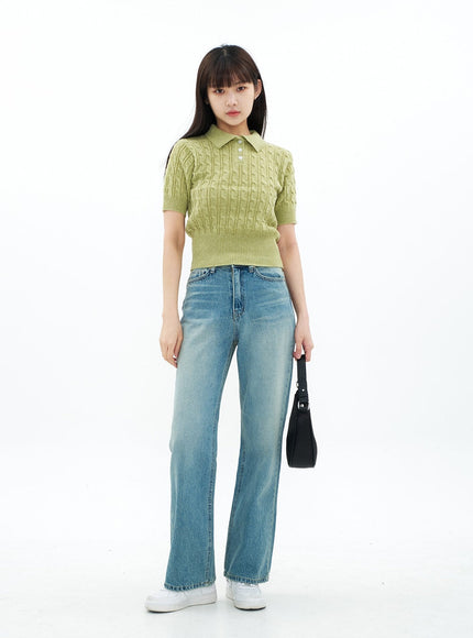 Cable Knit Collared Short-sleeve Sweater CA01