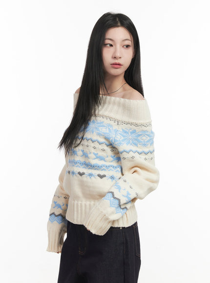 Nordic Print Off-Shoulder Sweater CF514