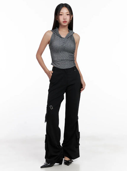Ribbed Button Hoodie Crop Tank CL518