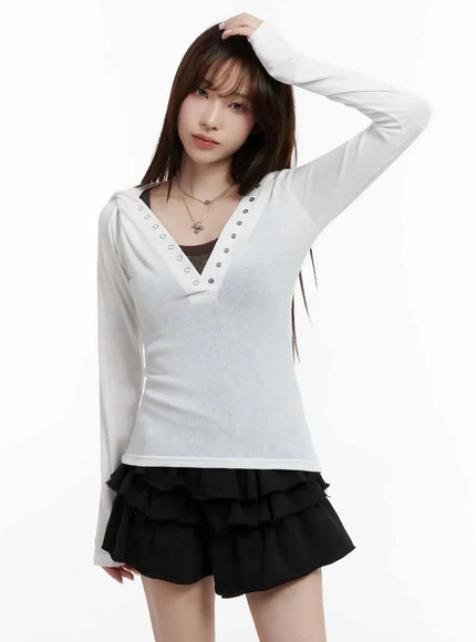 v-neck-button-slim-hooded-top-ij516