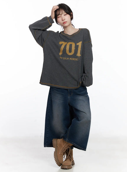 Graphic Oversized Textured Long Sleeve Top CJ527
