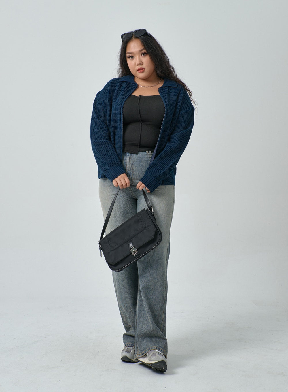 Plus Waffle Pattern Collared Two Way Zip-Up Knit