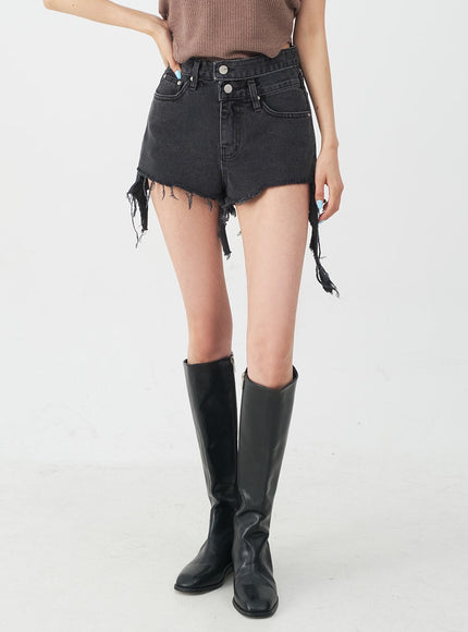 Double Buttoned Distressed Black Shorts IJ23
