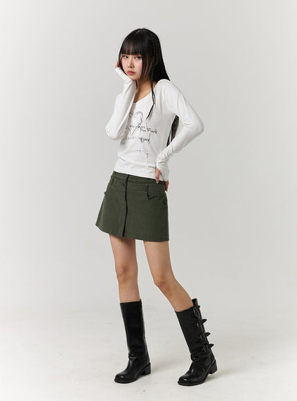 double-button-solid-mini-skirt-cj405