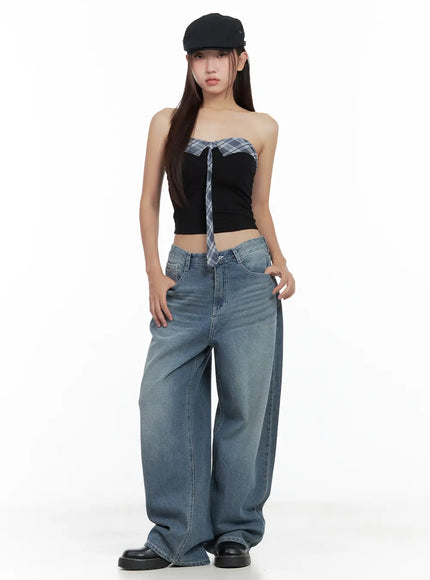 contrast-plaid-tie-tube-top-cl508