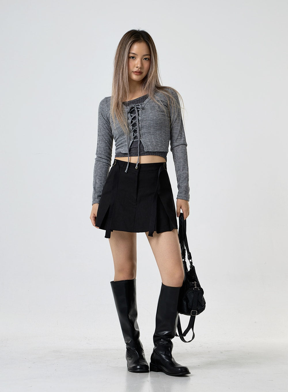 Lace Up Ribbed Crop Cardigan CG25