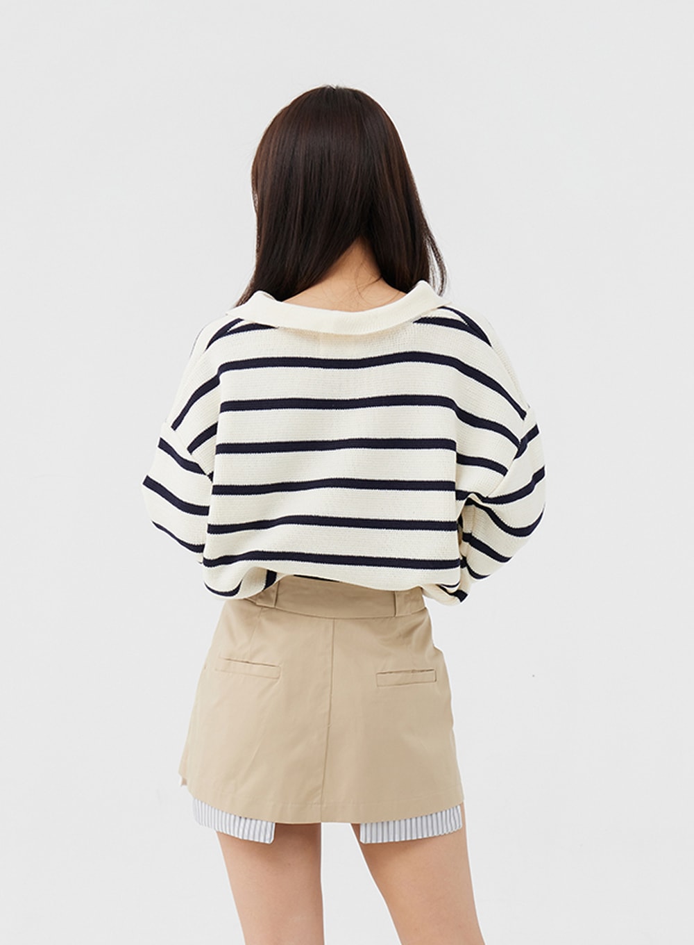 V-Neck Stripe Long Sleeve Knit with Collar IG24