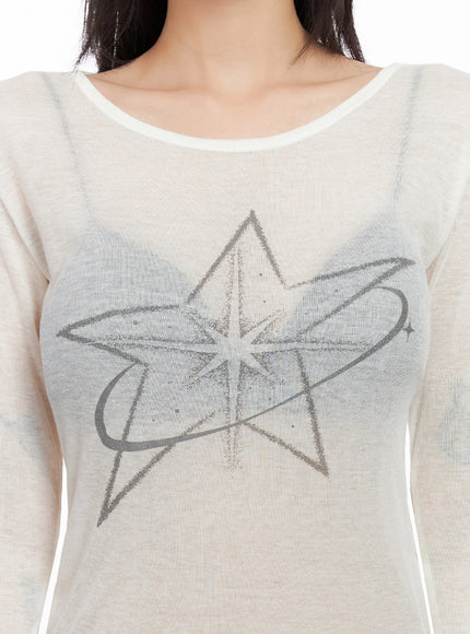 Sheer Star Graphic Long Sleeve Top IS508