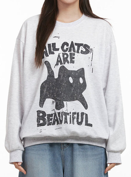 Oversized Cat Graphic Crew Neck IJ527