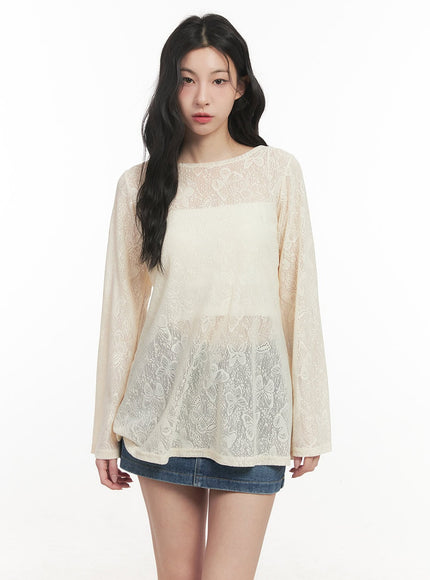 Butterfly Lace Sheer Long-Sleeve Top CF513