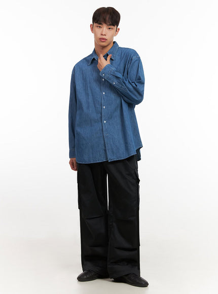 Men's Pintuck Wide-Leg Cargo Pants (Black) IF521