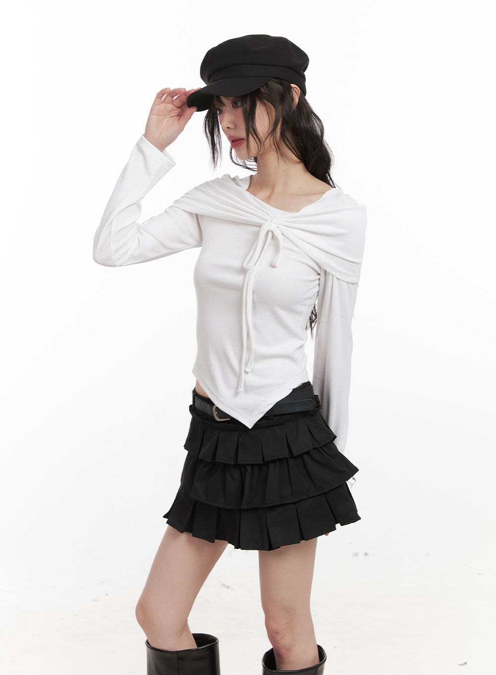 Ribbon Wrapped Asymmetric Long-Sleeve Top CJ523