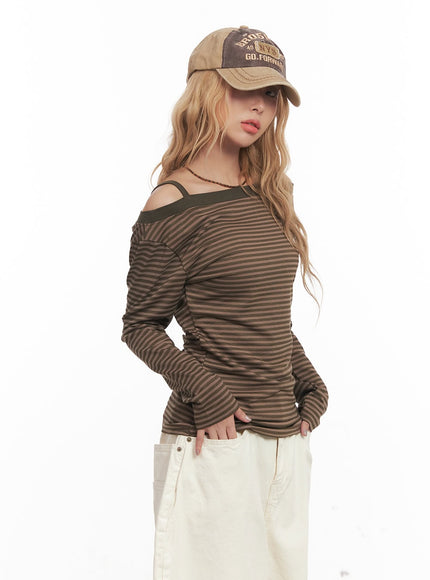 Striped Long-Sleeve Off-Shoulder Top CM506