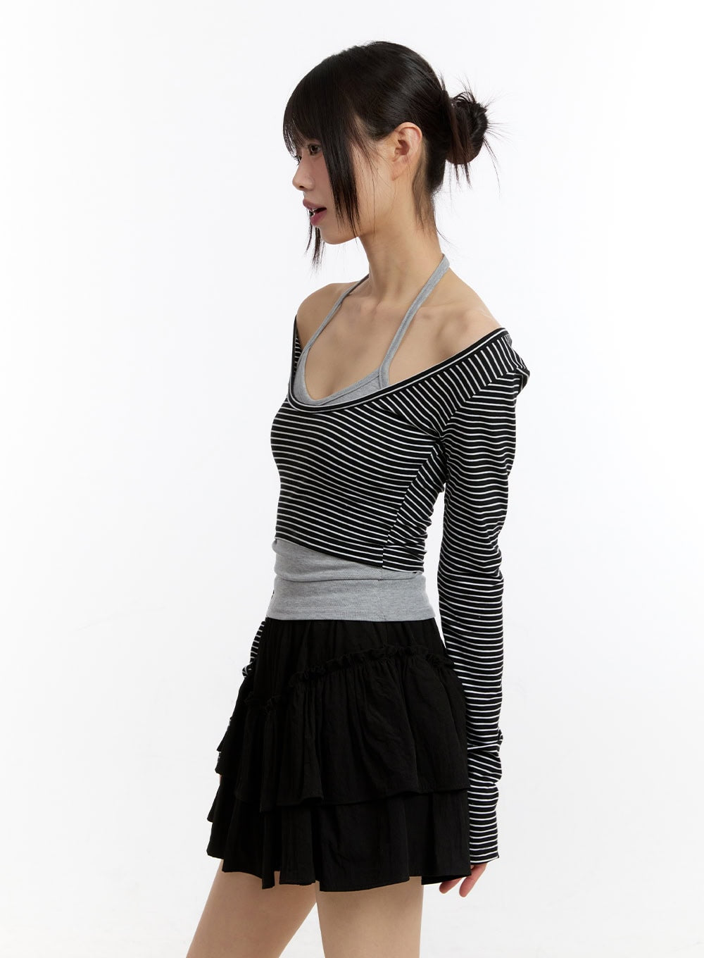 Stripe Long-Sleeve Crop Top with Tank Top CA508