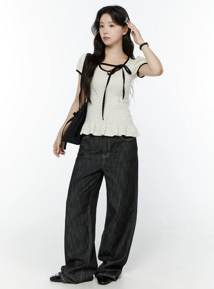 polka-dot-puff-sleeve-ribbon-top-iy507