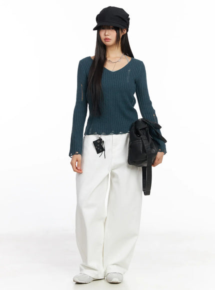 Distressed V-Neck Knit Sweater CF504