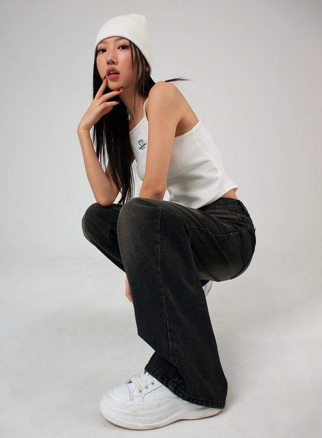 denim-wide-leg-pants-ij302 / Black