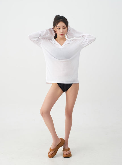 Soft Collar Sheer Long Sleeve Top IJ13