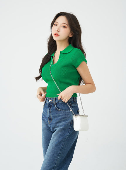 V-Neck Collar Crop Short Sleeve Tee BG09