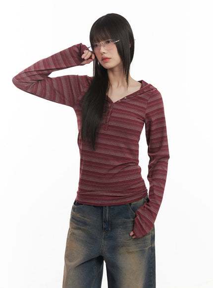 Striped Buttoned Slim-Fit Hoodie CF519