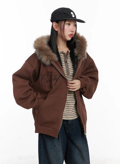 Oversized Faux Fur Fleece Zip-Up Hoodie CD529