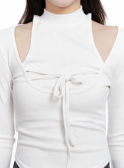 Ribbon Turtleneck Cutout Top IN514