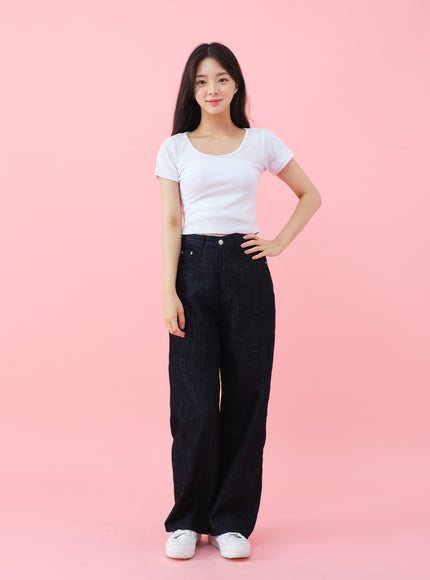 Deep Round Neck Basic Crop T-Shirt BU5