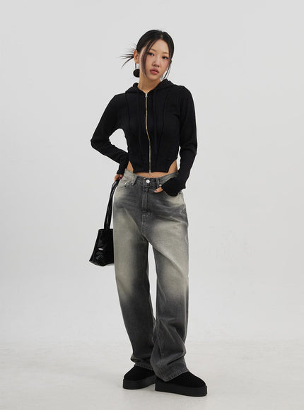 Ribbed Cropped Zip-Up Hoodie CJ330