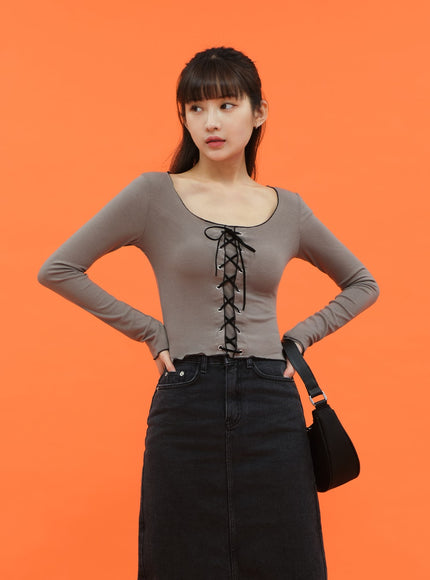 Cropped Long Sleeve Top with Front Lace Detail C1703