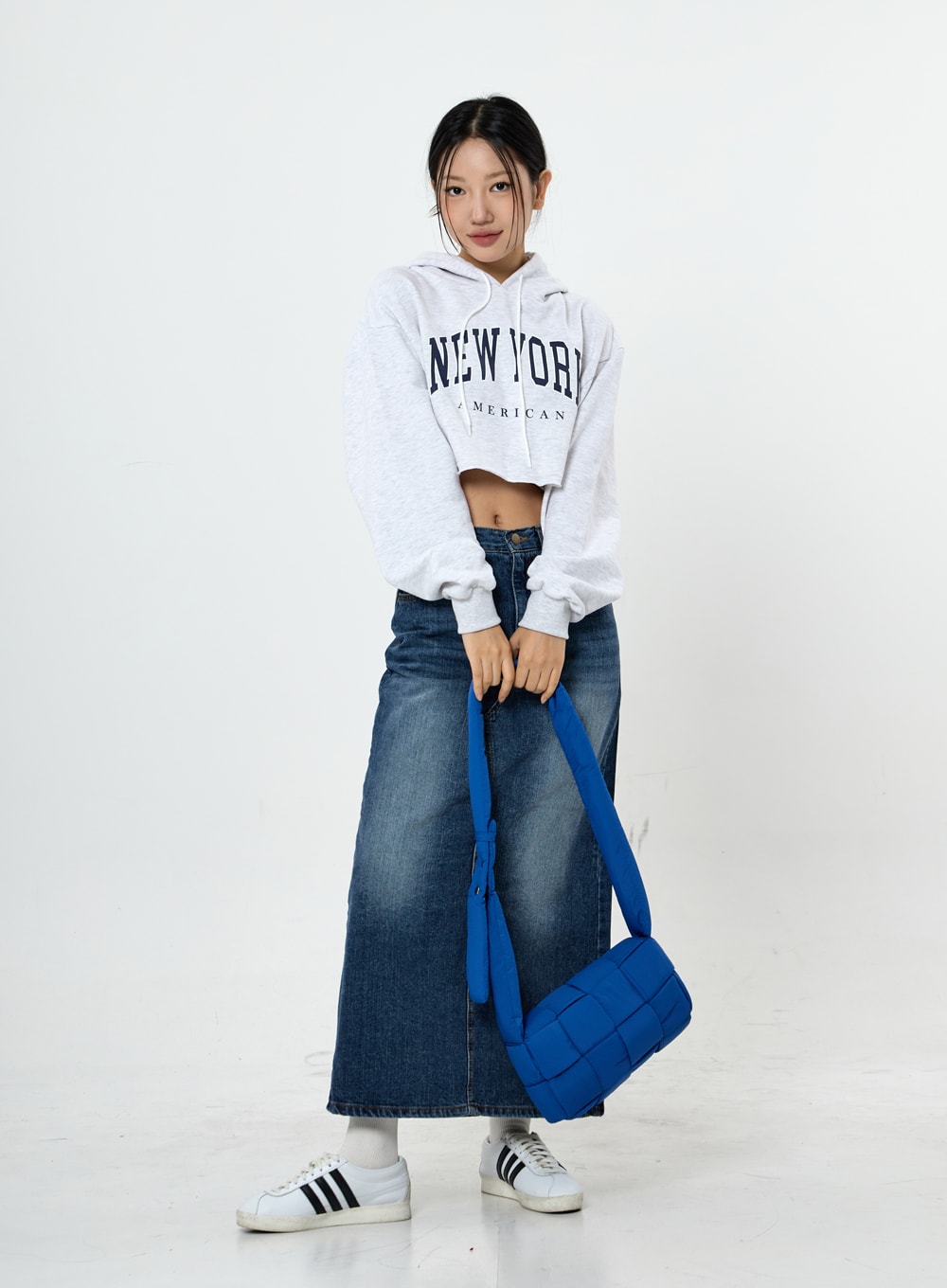 Grid Washing Long Jeans Skirt CS23