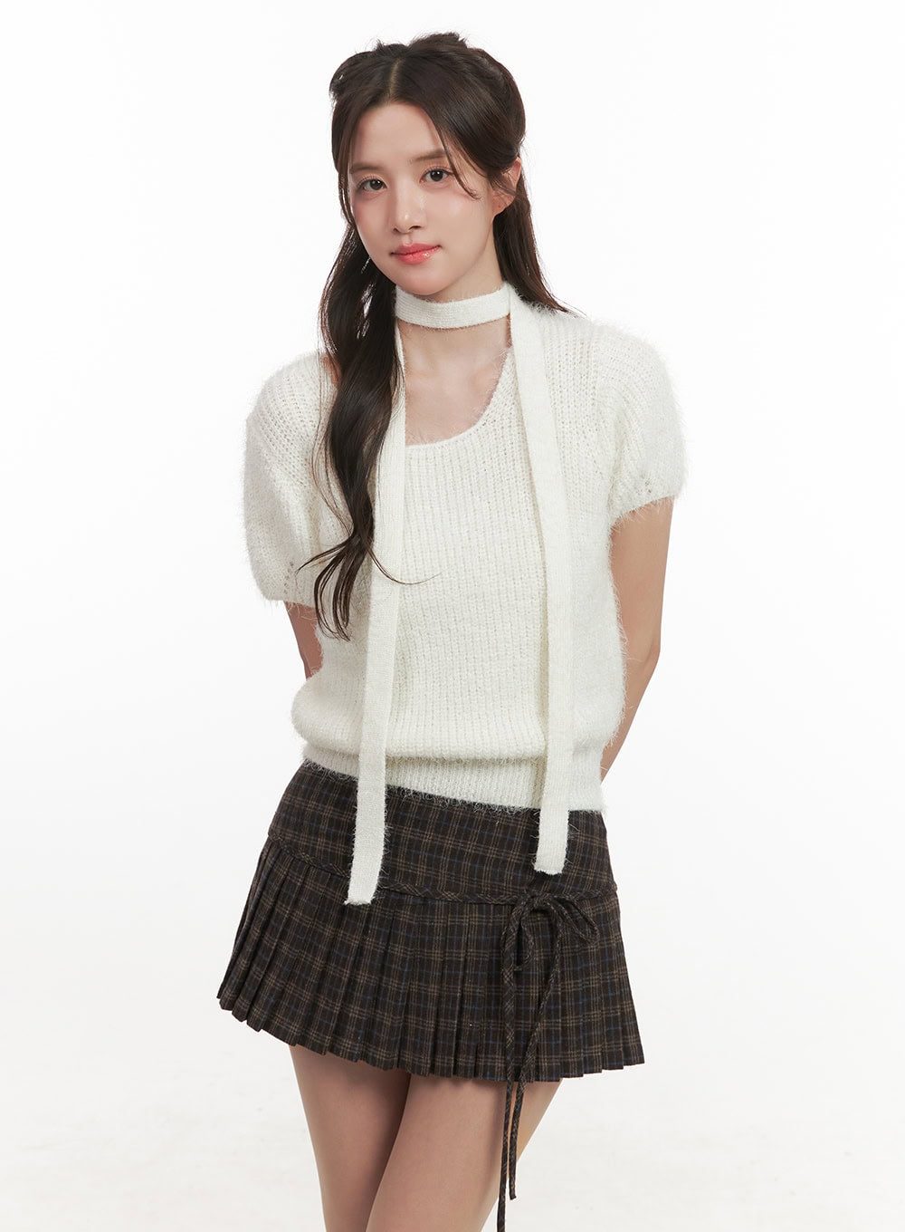 Cozy Knit Short-Sleeve Sweater with Scarf CJ514