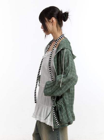 Ribbon Pocket Checkered Hooded Jacket CA508