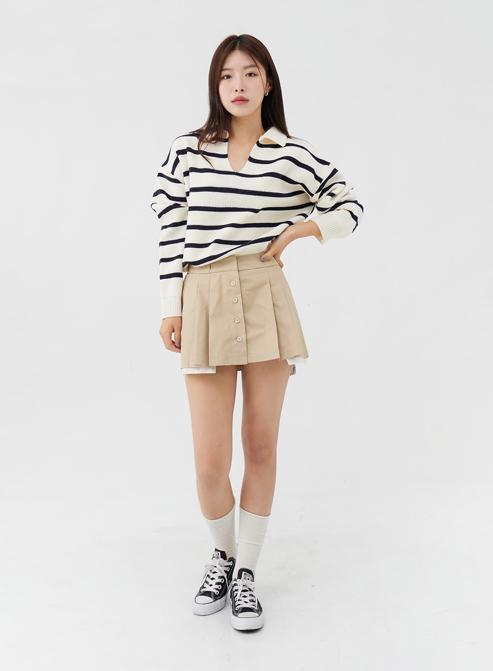 V-Neck Stripe Long Sleeve Knit with Collar IG24