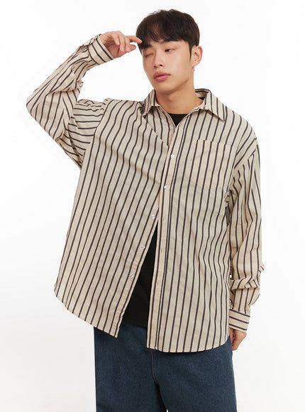 Men's Oversized Stripe Collared Button-Up Shirt IF521