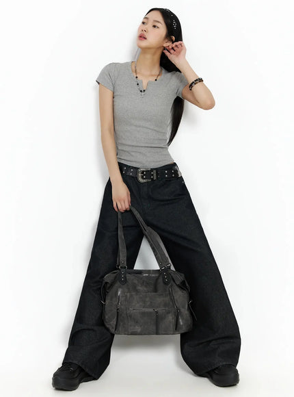 Vintage Leather Accent Shoulder Bag IM530