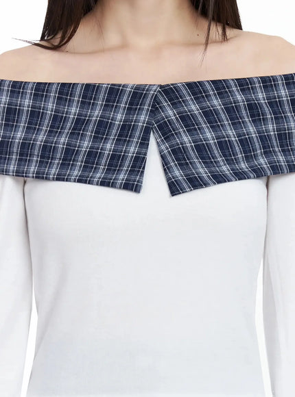 Plaid Off-Shoulder Long Sleeve Top IM523