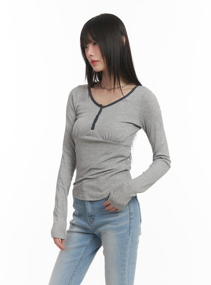 Shirred U-Neck Long-Sleeve Top CF519