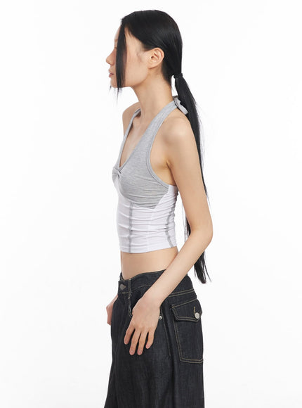shirred-halter-v-neck-crop-tank-top-cy528