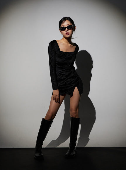 Velvet Side Slit Square Neck Mini Dress CJ311