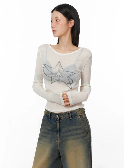 Sheer Star Graphic Long Sleeve Top IS508