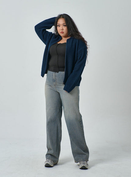 Plus Waffle Pattern Collared Two Way Zip-Up Knit