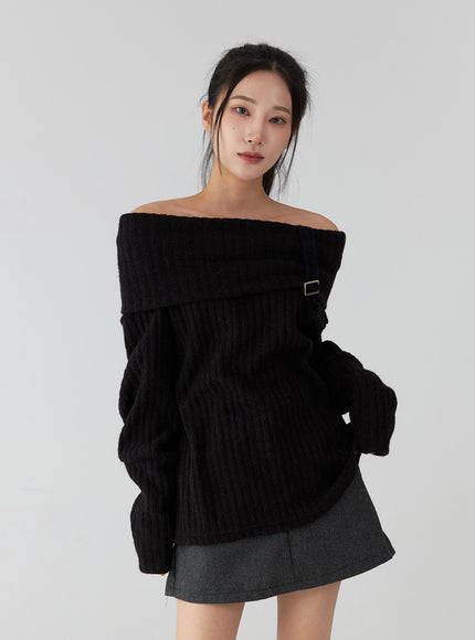 off-shoulder-buckle-knit-sweater-cd322