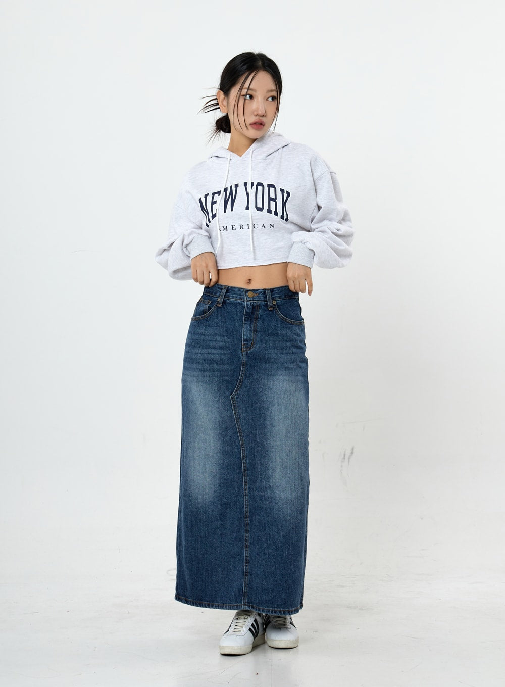 Grid Washing Long Jeans Skirt CS23