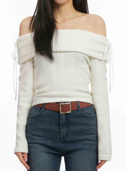 Off-Shoulder Slim-Fit Ribbon Sweater IJ503