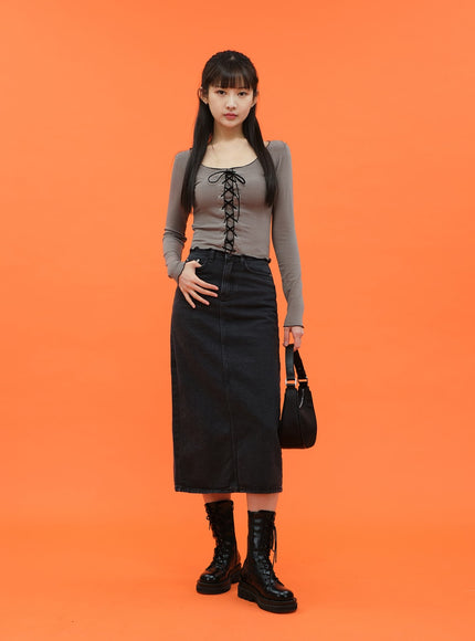 Cropped Long Sleeve Top with Front Lace Detail C1703