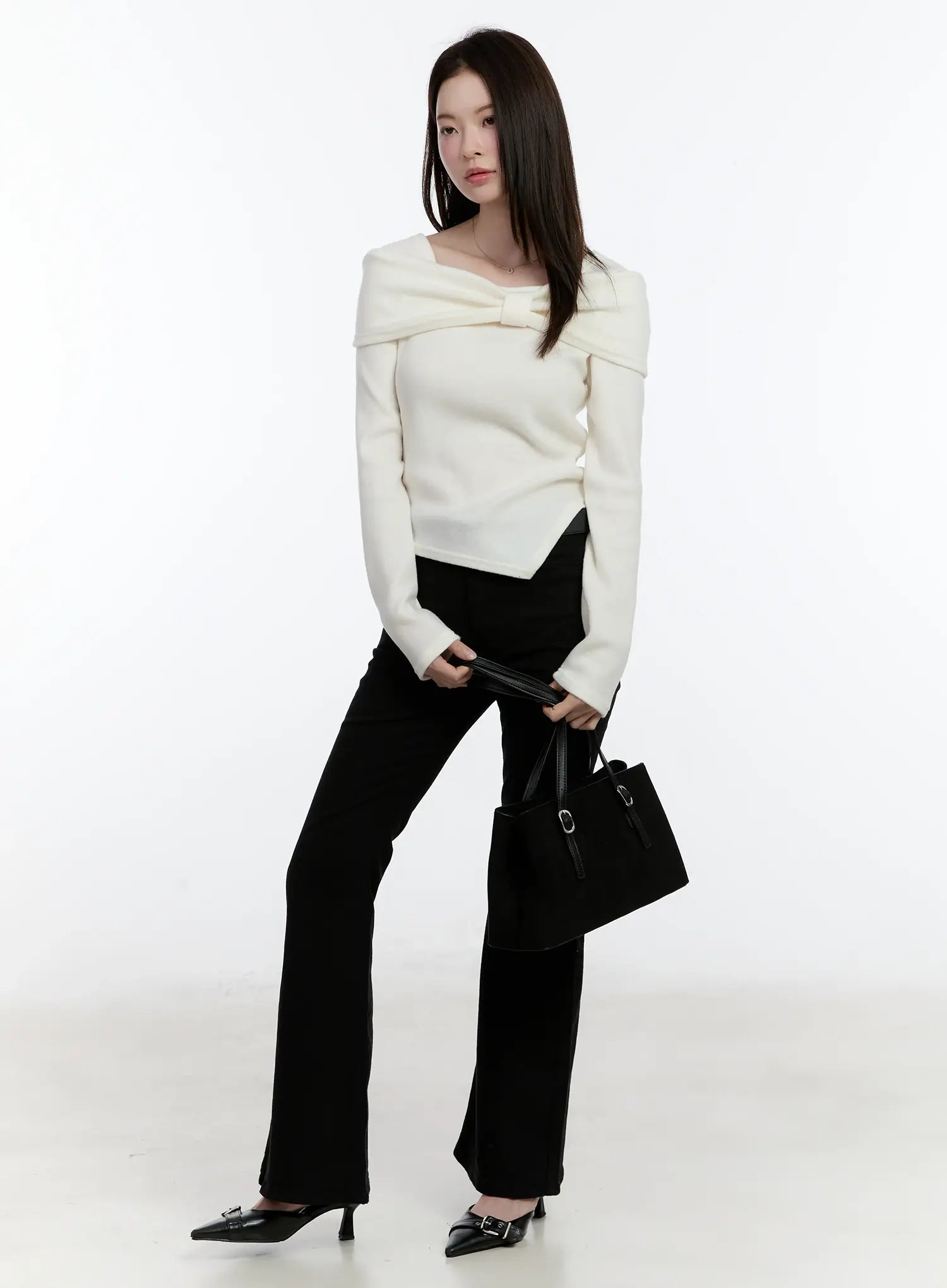 Off-Shoulder Knit Ribbon Top ID510 - Feminine style | LEWKIN