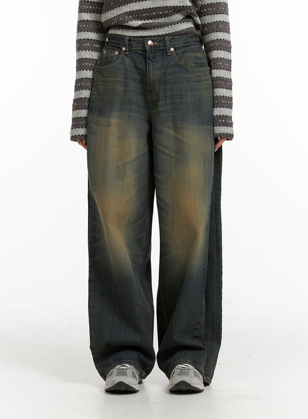 mid-waist-washed-button-wide-leg-jeans-cj411 / Dark blue