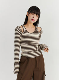 striped-v-neck-long-sleeve-cutout-top-co319