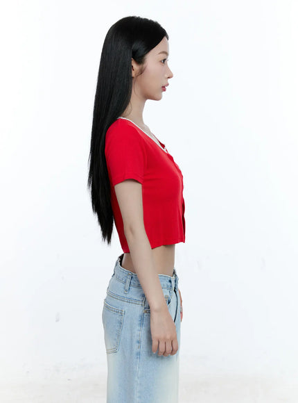 Cropped Button-Up Short Sleeve Cardigan CG512