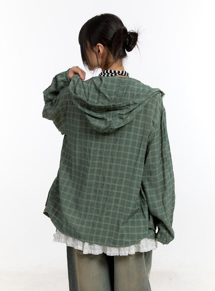 Ribbon Pocket Checkered Hooded Jacket CA508